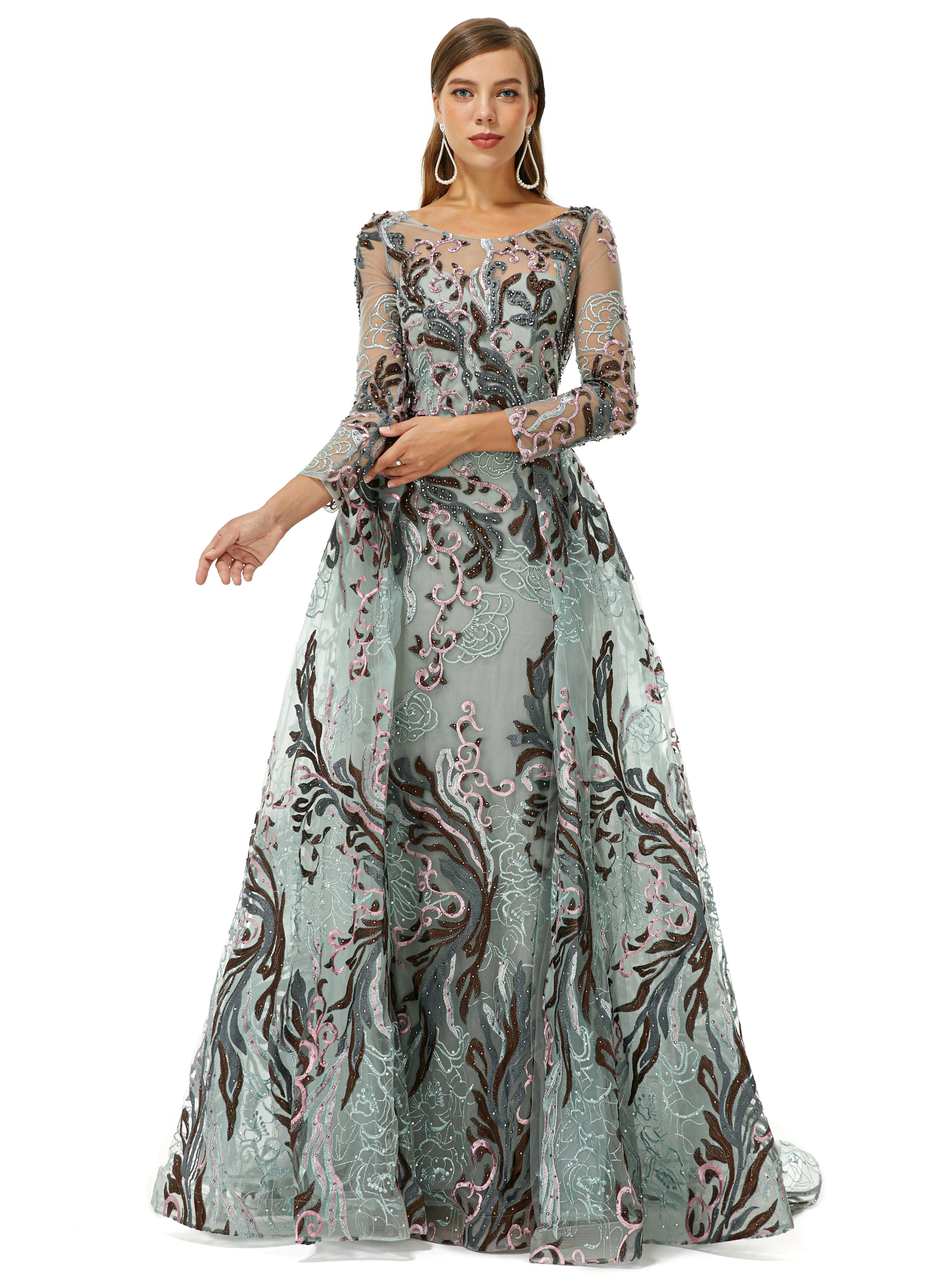 Round A-line Floor-length Long Sleeve Beading Appliques Lace Prom Dress