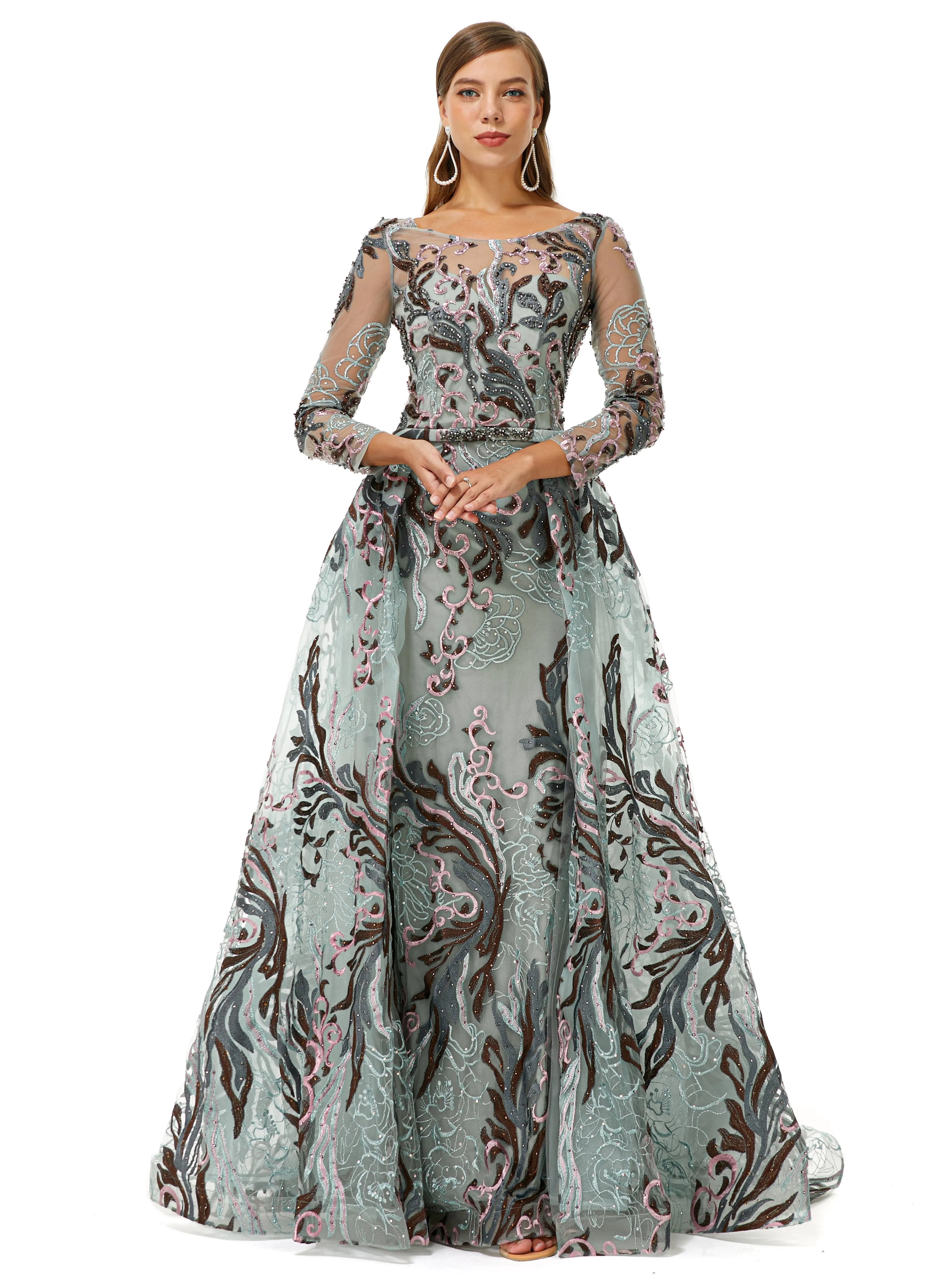 Round A-line Floor-length Long Sleeve Beading Appliques Lace Prom Dress