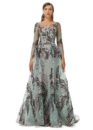 Round A-line Floor-length Long Sleeve Beading Appliques Lace Prom Dress