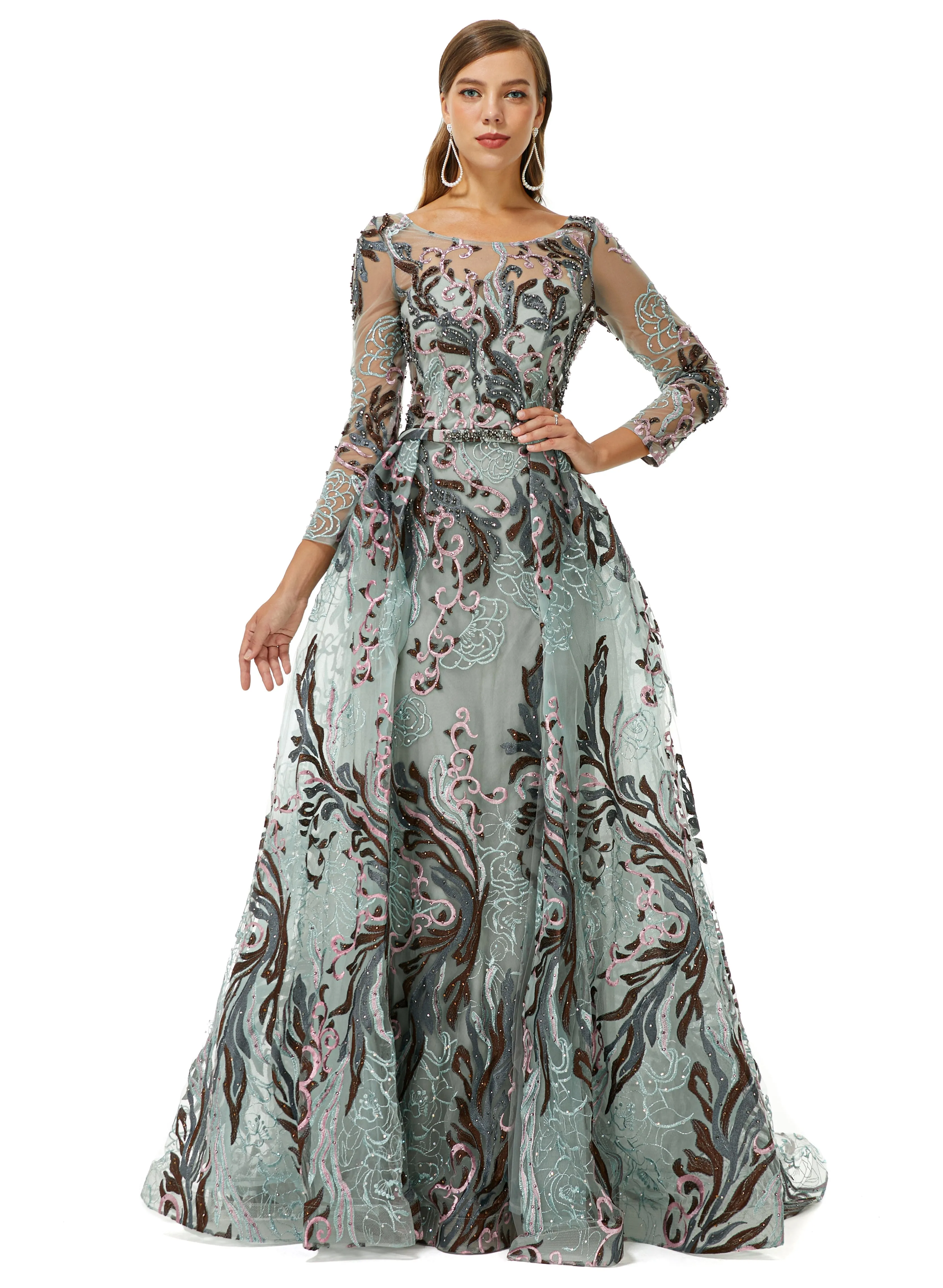 Round A-line Floor-length Long Sleeve Beading Appliques Lace Prom Dress
