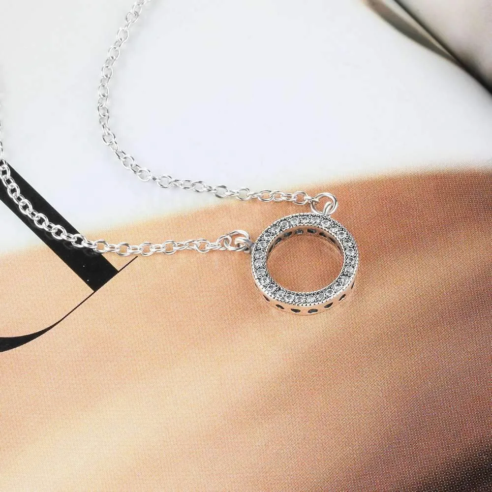 Round Hollow Design CZ Solid 925 Sterling Silver Necklace & Pendants Fashion Women Necklace Vintage Jewelry