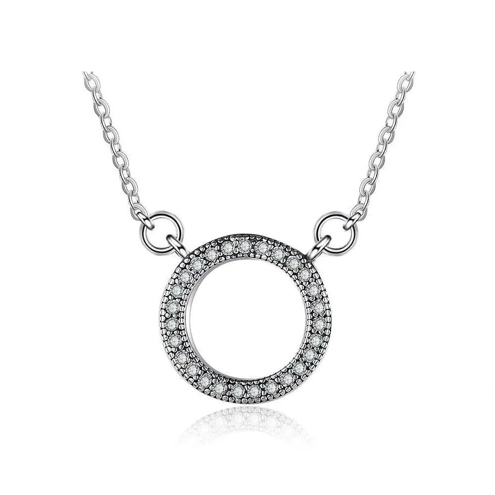 Round Hollow Design CZ Solid 925 Sterling Silver Necklace & Pendants Fashion Women Necklace Vintage Jewelry