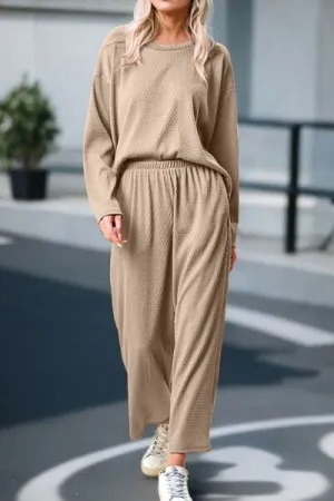 Round Neck Dropped Shoulder Top and Pants Lounge Set