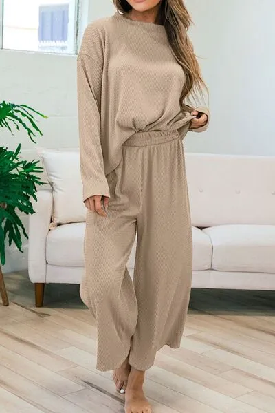 Round Neck Dropped Shoulder Top and Pants Lounge Set