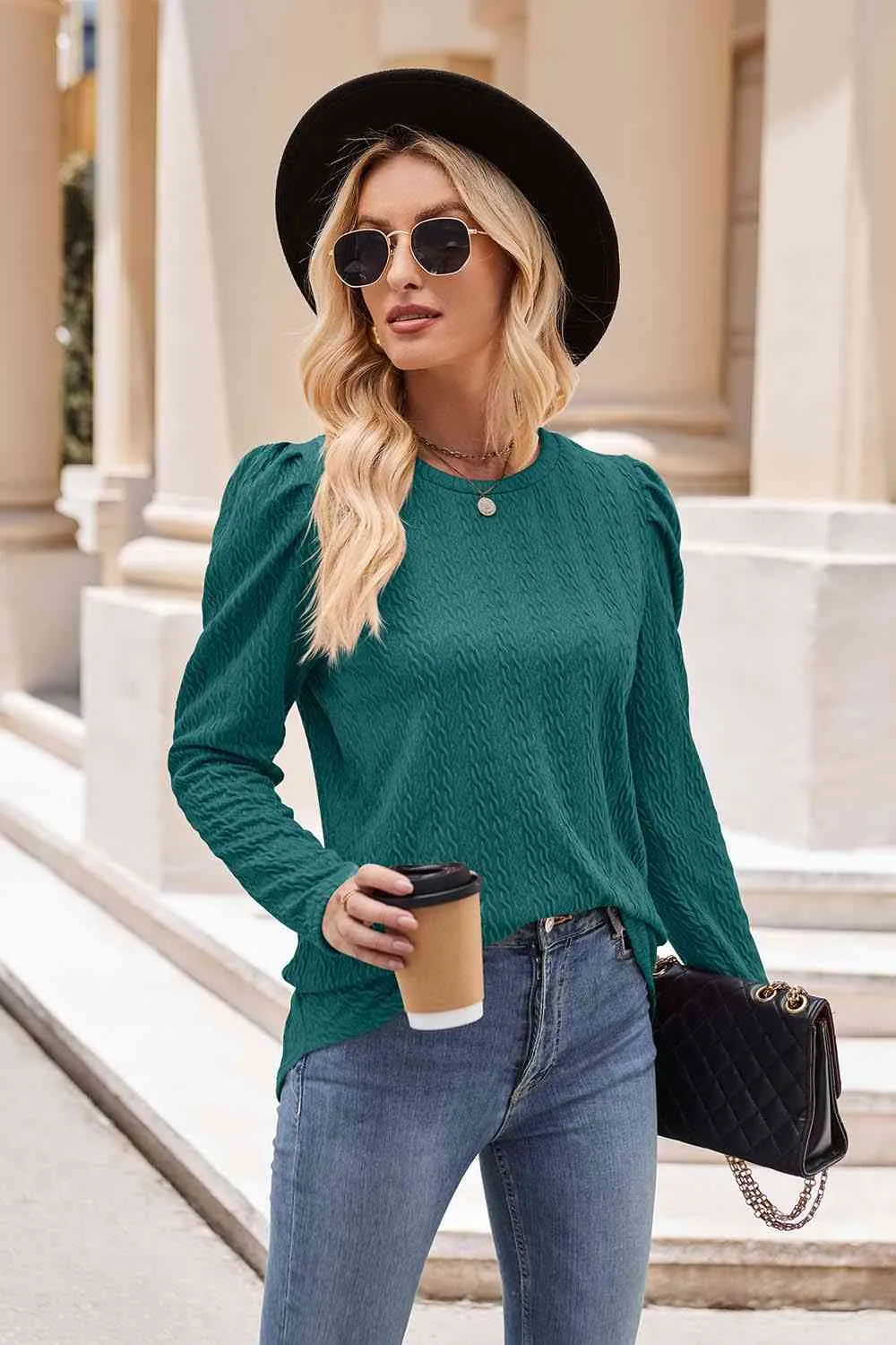Round Neck Puff Sleeve Blouse (7 Colors)