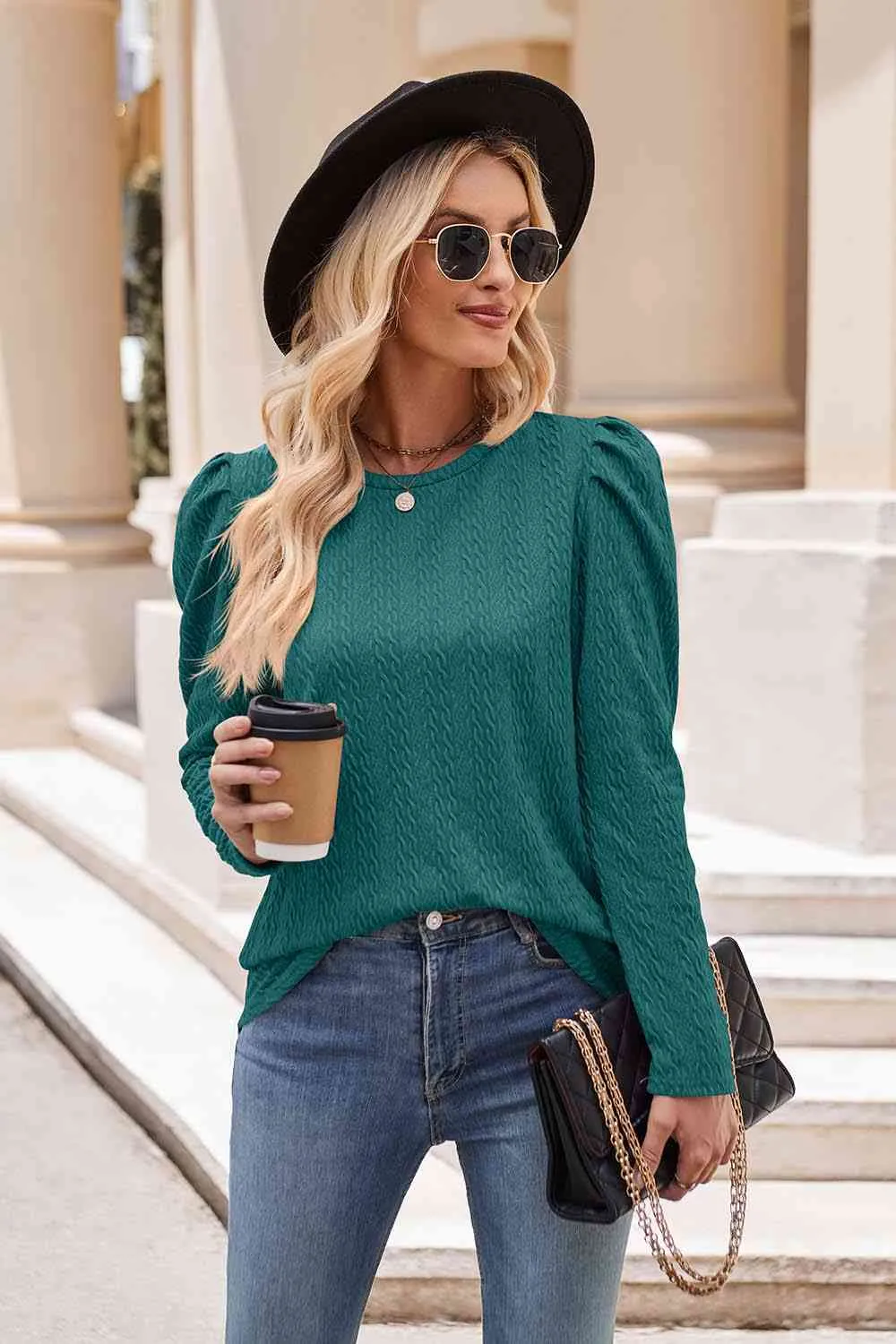 Round Neck Puff Sleeve Blouse (7 Colors)