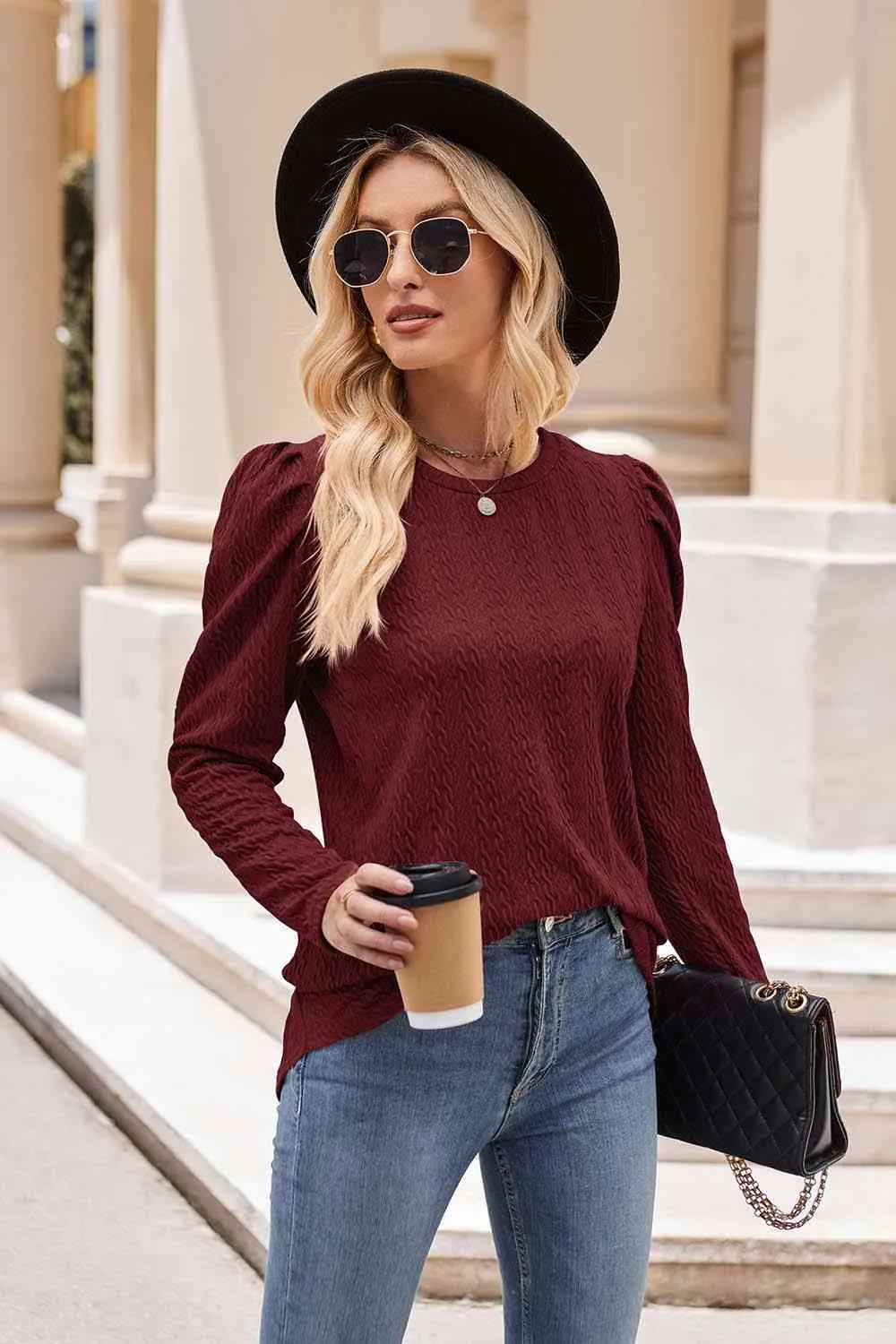 Round Neck Puff Sleeve Blouse (7 Colors)