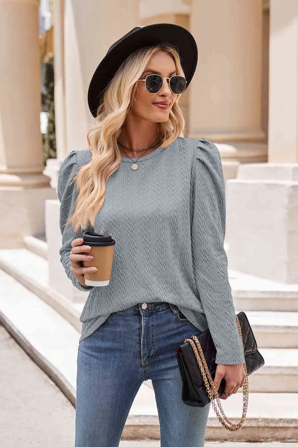 Round Neck Puff Sleeve Blouse (7 Colors)