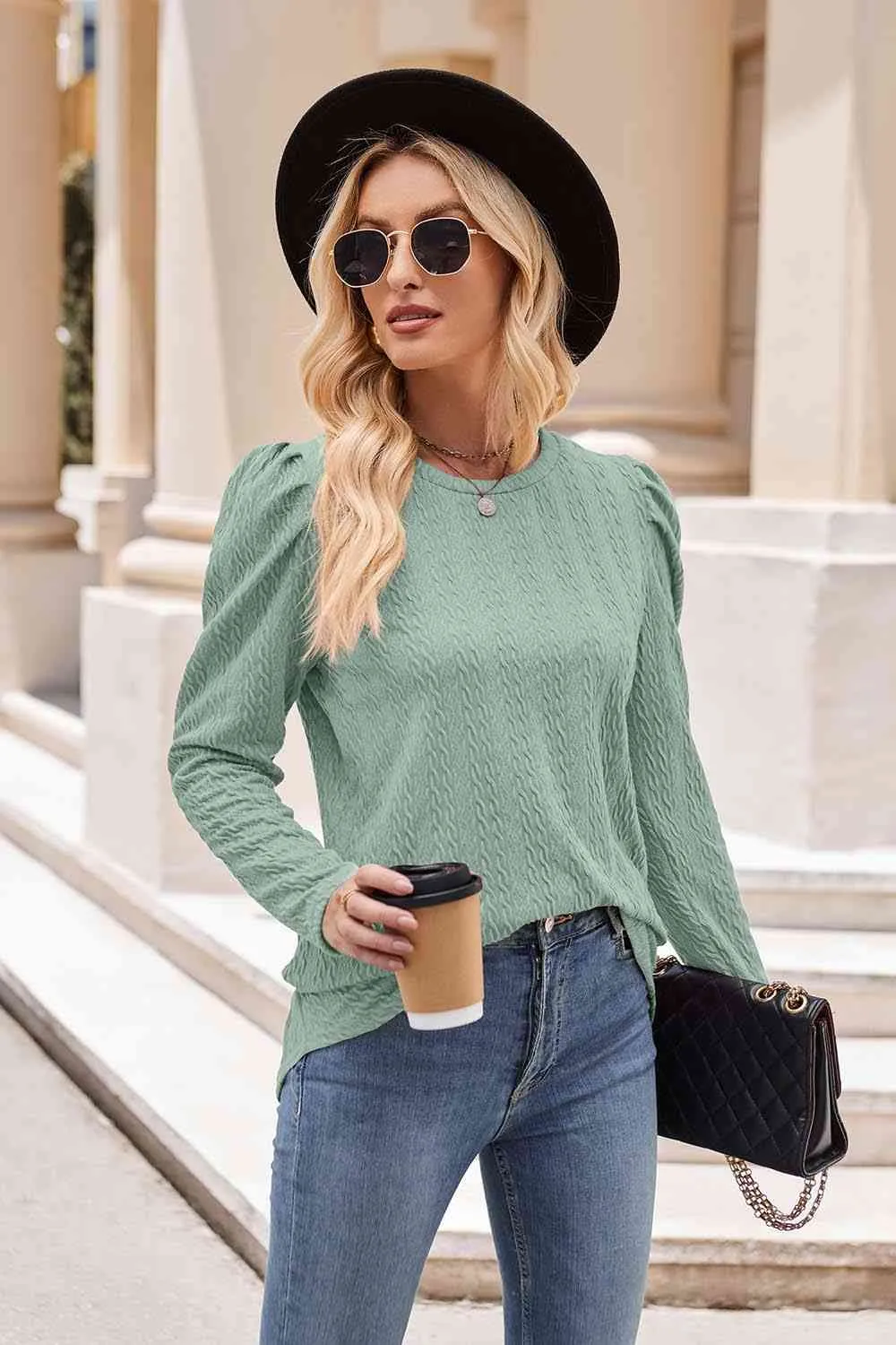 Round Neck Puff Sleeve Blouse (7 Colors)