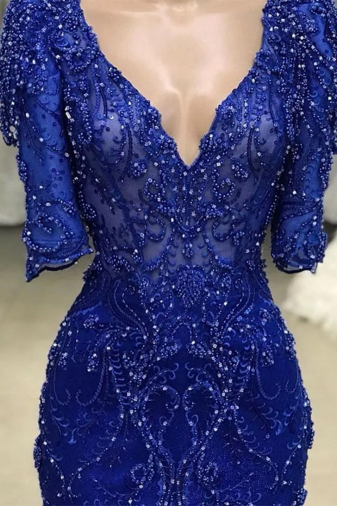 Royal blue Beaded Lace appliques 1/2 sleeve Mermaid Prom Party Gowns