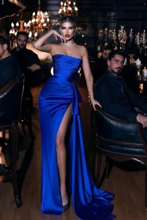 Royal blue High split Strapless Simple Prom Dresses