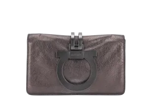SALVATORE FERRAGAMO GANCINI CLUTCH (BW-21 A498) DARK GREY METALLIC RUTHENIUM HARDWARE NO DUTS COVER