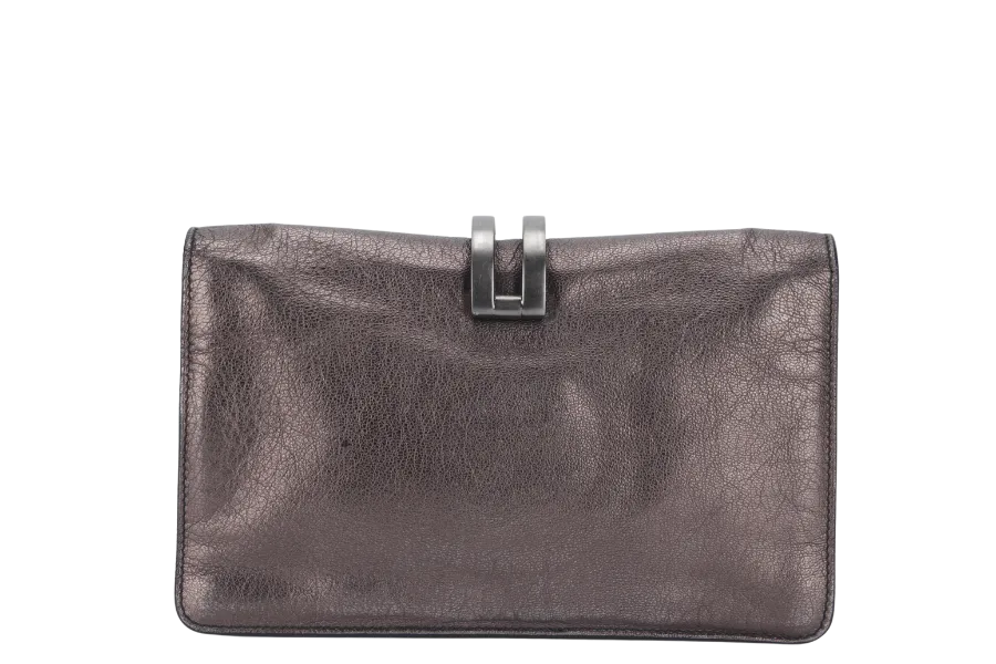 SALVATORE FERRAGAMO GANCINI CLUTCH (BW-21 A498) DARK GREY METALLIC RUTHENIUM HARDWARE NO DUTS COVER