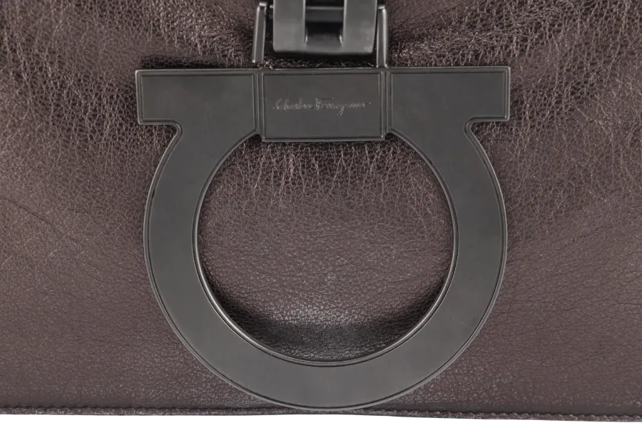 SALVATORE FERRAGAMO GANCINI CLUTCH (BW-21 A498) DARK GREY METALLIC RUTHENIUM HARDWARE NO DUTS COVER