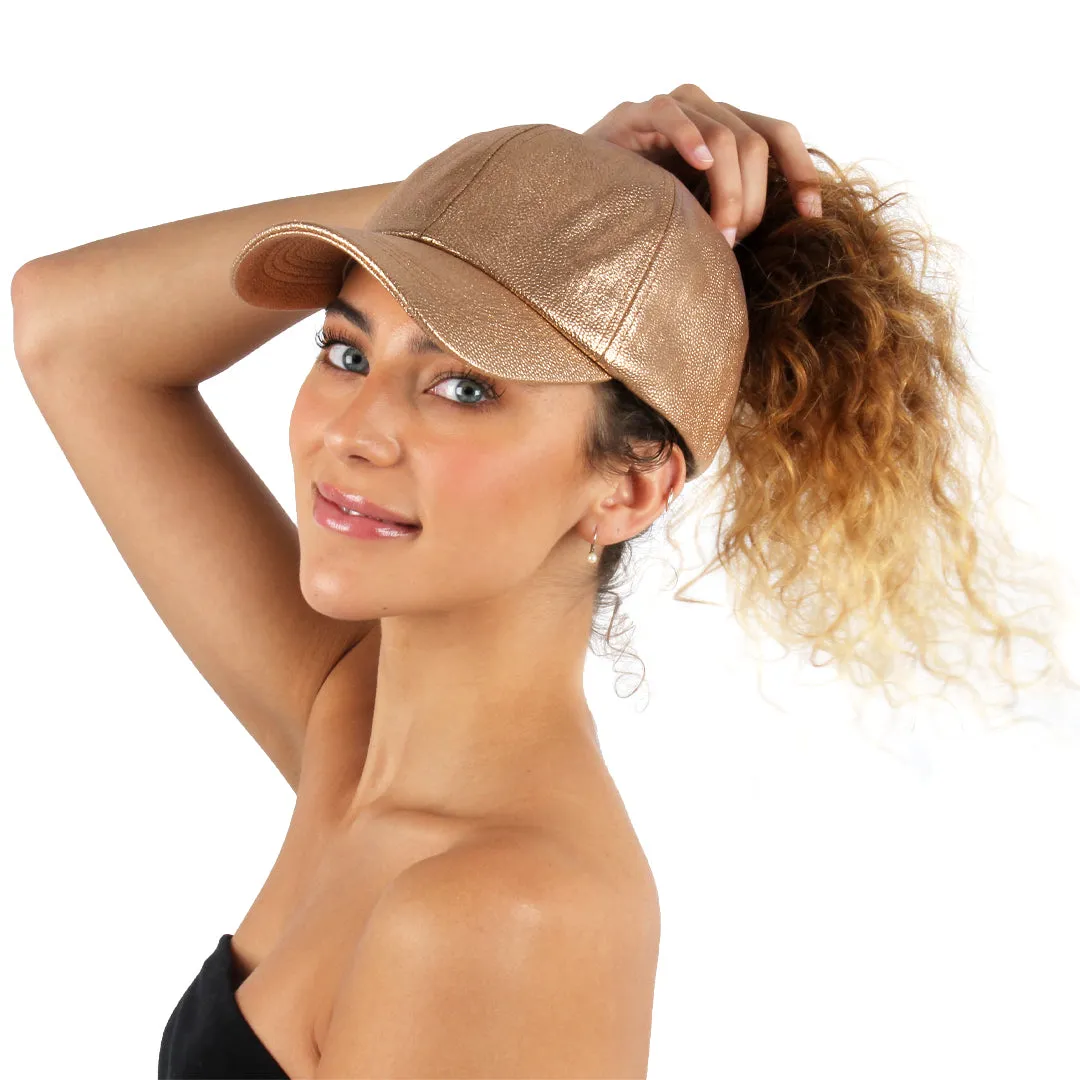 Satin-Lined Ponyflo® Cap - Faux Leather Gold