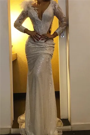 Sequined Mermaid V-neck Evening Dresses Chic Sparkling Fur Formal Gowns