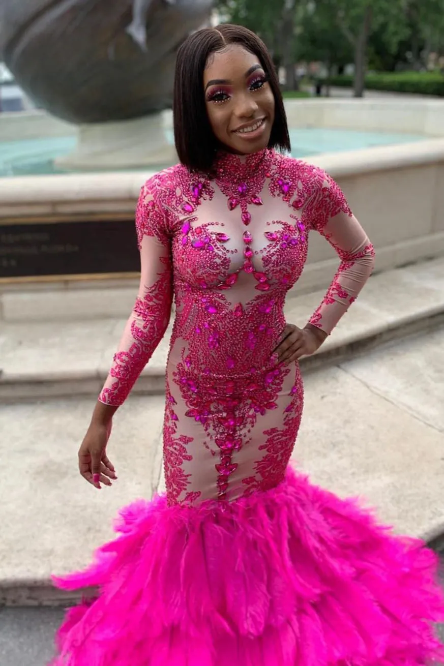 Sexy Long Sleeves Mermaid Prom Dress Beaded Purple Long Small Round Collar