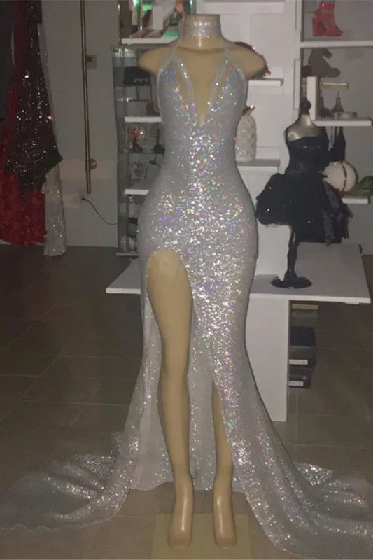 Sexy Spaghetti Straps Silvery Mermaid Prom Dress Sequins Chiffon Long With Split