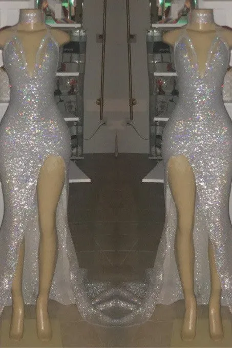 Sexy Spaghetti Straps Silvery Mermaid Prom Dress Sequins Chiffon Long With Split