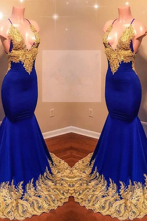 Sexy Spaghetti Straps V-Neck Mermaid Prom Dress Sequins Blue Long Chiffon