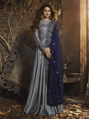 Silver And Blue Traditional Embroidered Anarkali Gown