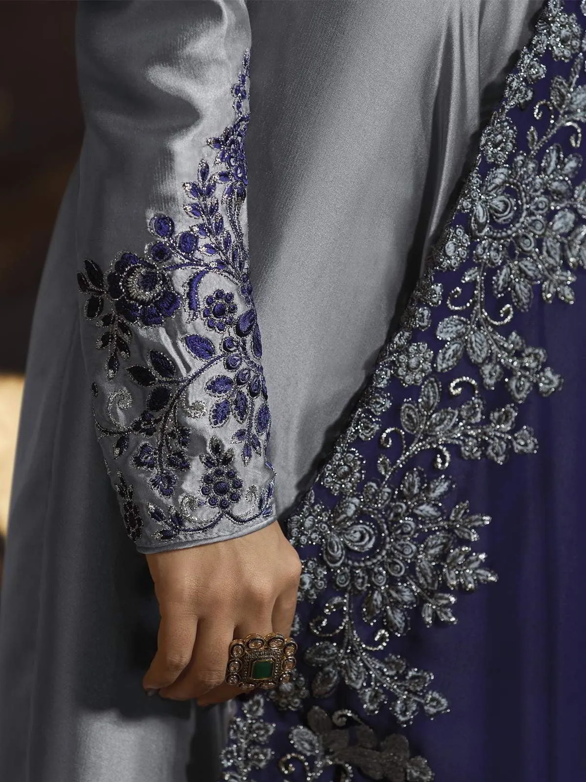 Silver And Blue Traditional Embroidered Anarkali Gown