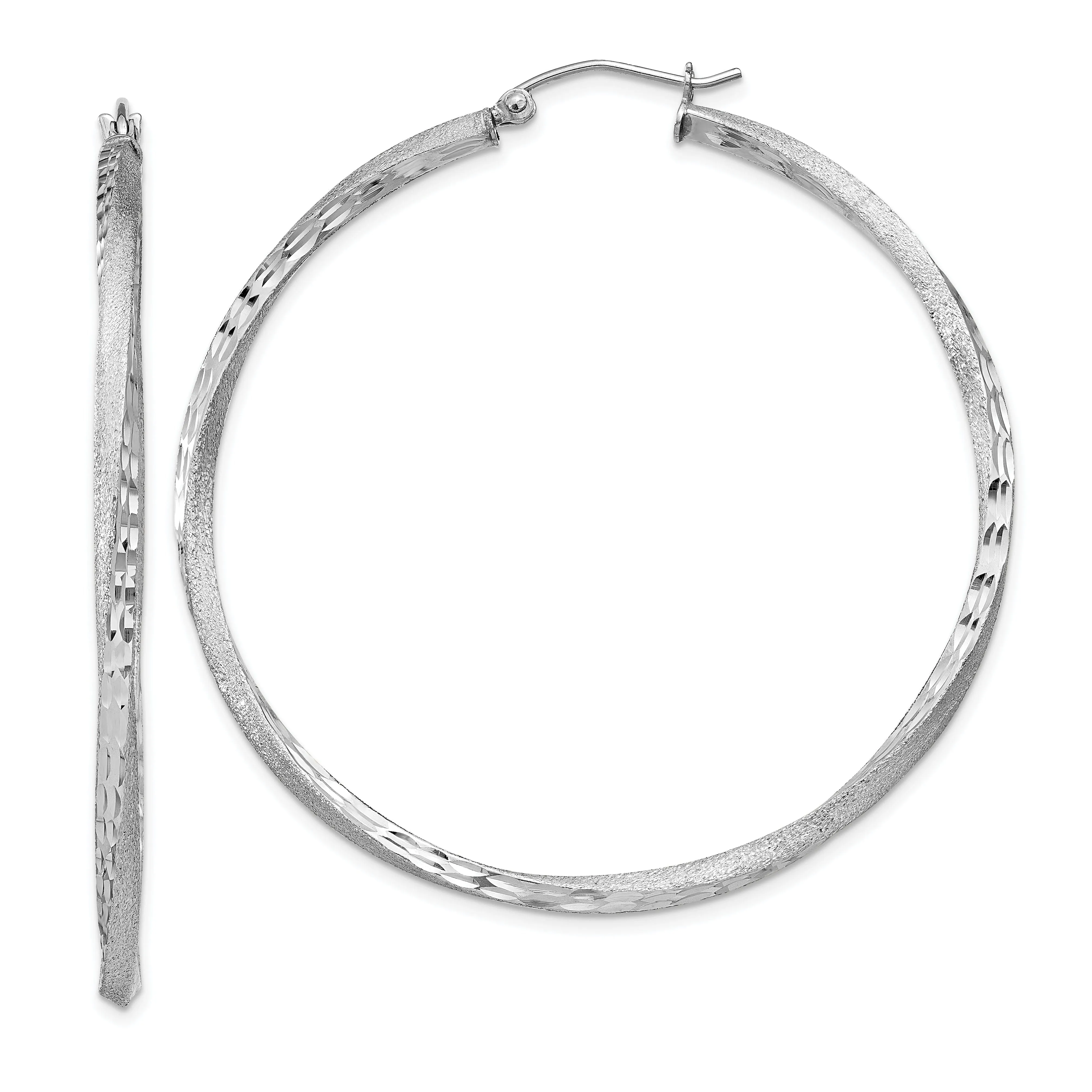 Silver Satin Diamond Cut Twist Hoop Earrings