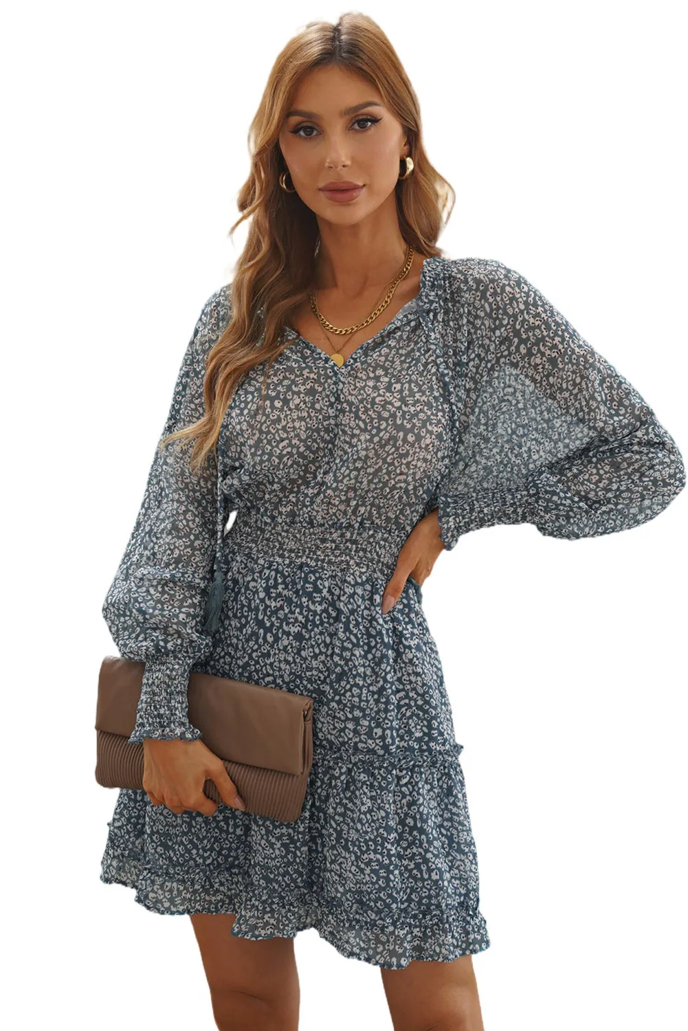 Sky Blue Print Smocked Puff Sleeve Tiered Ruffled Mini Dress