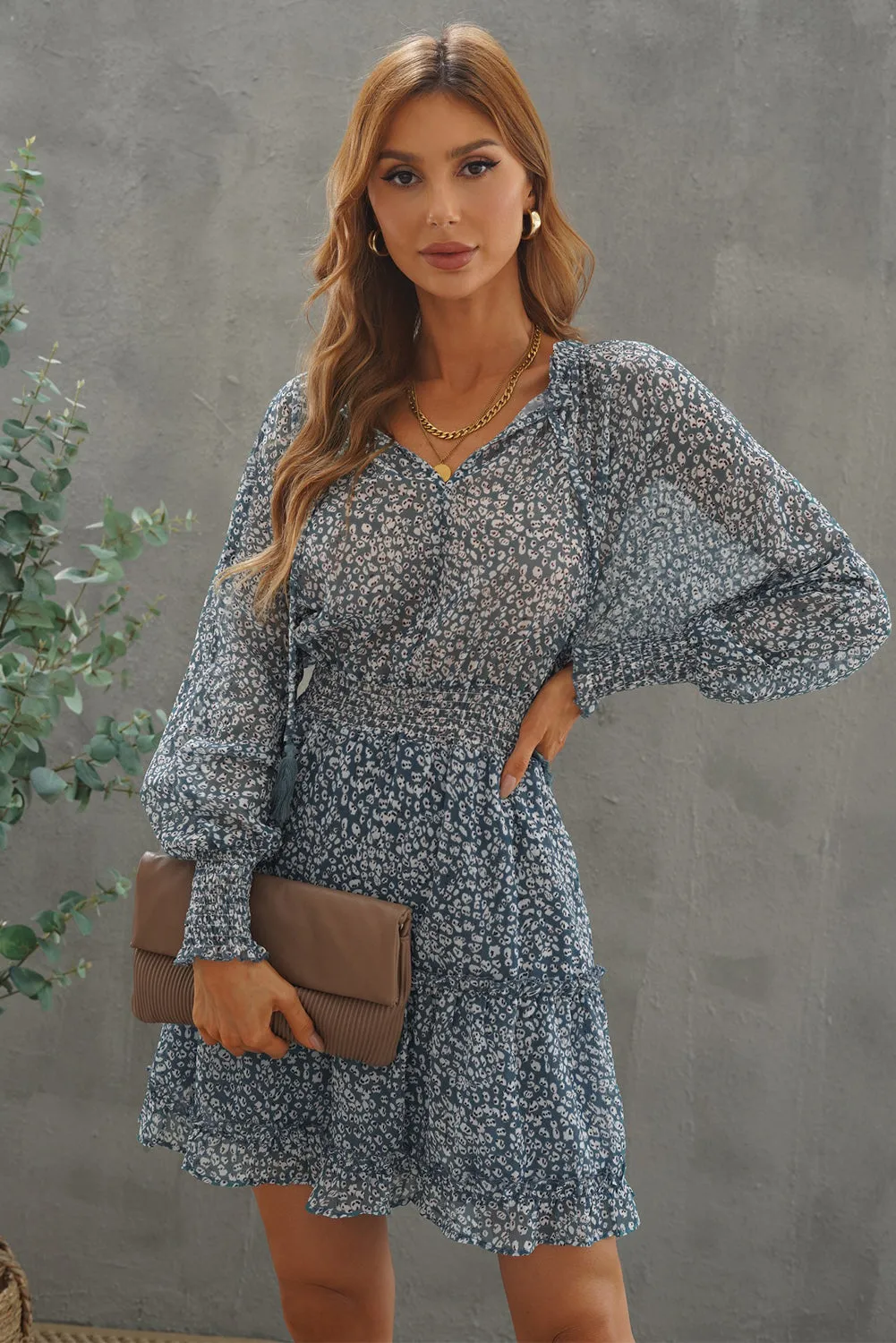 Sky Blue Print Smocked Puff Sleeve Tiered Ruffled Mini Dress