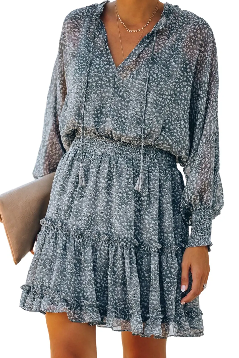 Sky Blue Print Smocked Puff Sleeve Tiered Ruffled Mini Dress