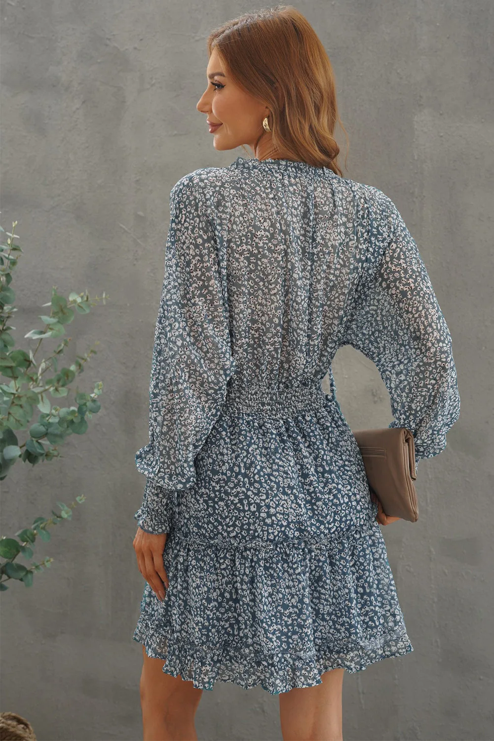 Sky Blue Print Smocked Puff Sleeve Tiered Ruffled Mini Dress