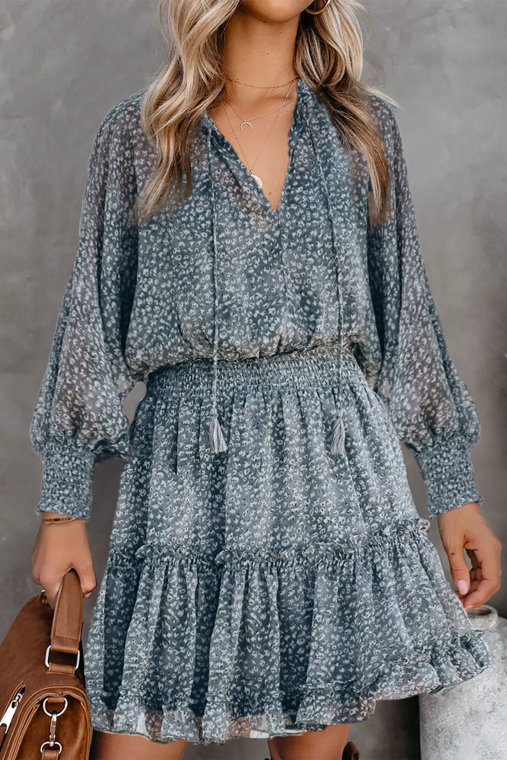 Sky Blue Print Smocked Puff Sleeve Tiered Ruffled Mini Dress