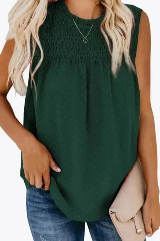 Sleeveless Smocked Frill Trim Tank