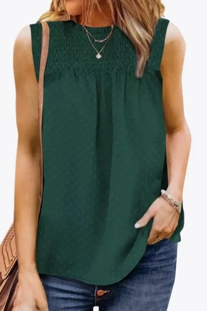 Sleeveless Smocked Frill Trim Tank