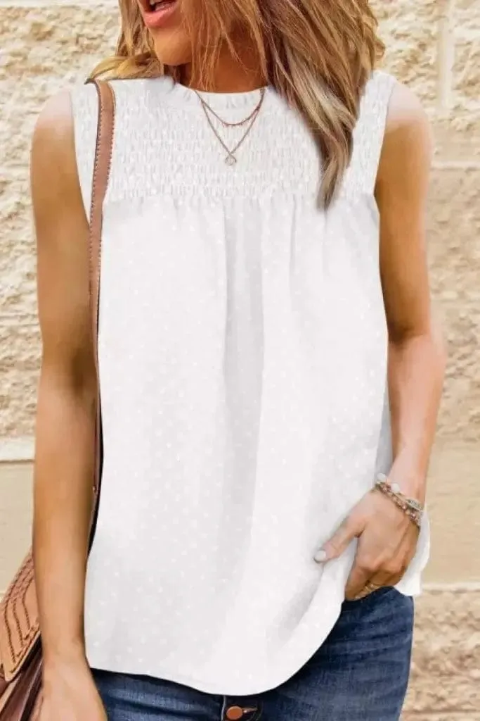 Sleeveless Smocked Frill Trim Tank