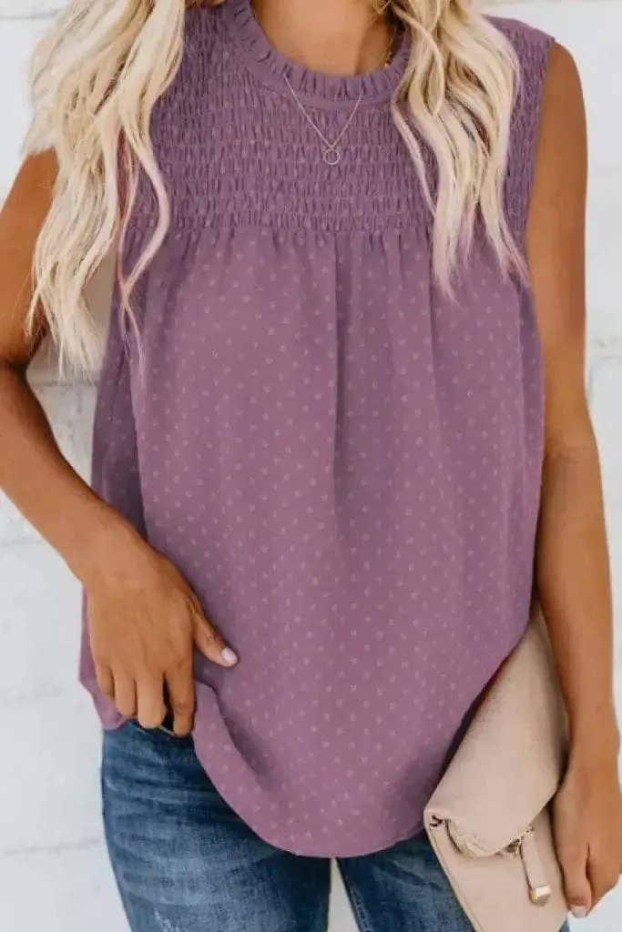 Sleeveless Smocked Frill Trim Tank