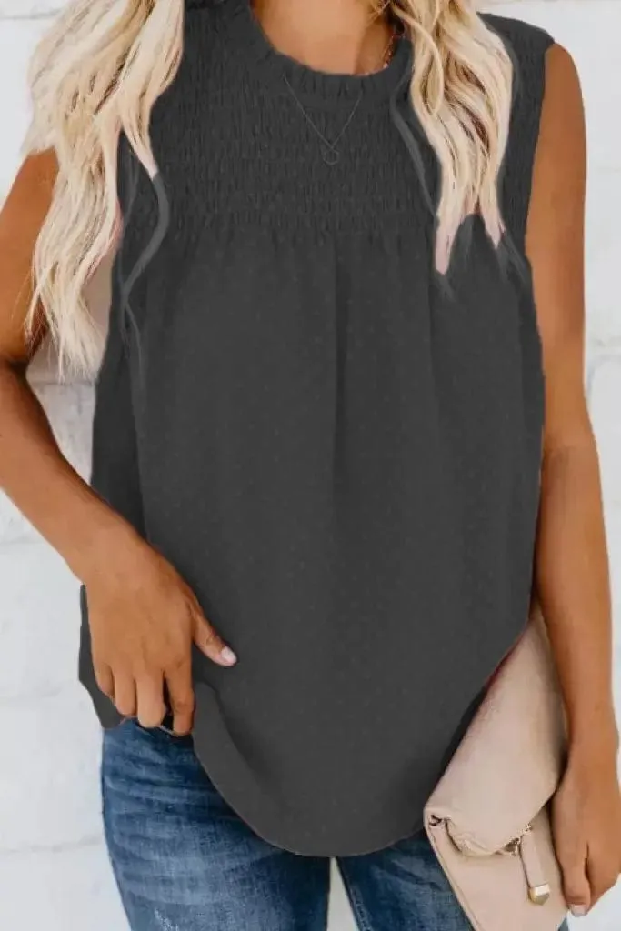 Sleeveless Smocked Frill Trim Tank