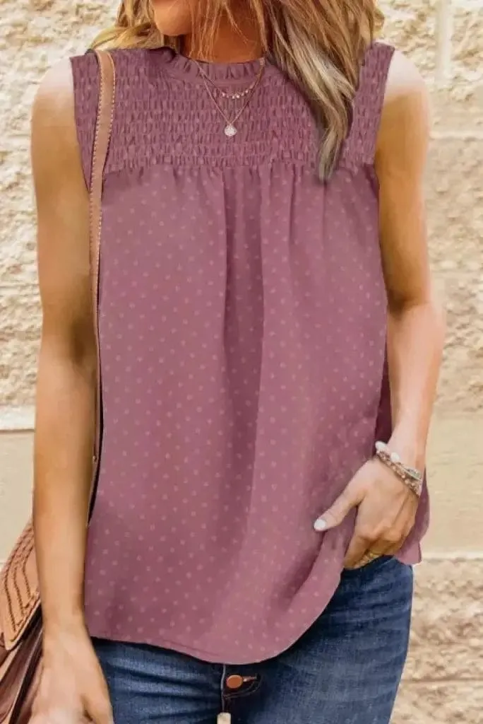 Sleeveless Smocked Frill Trim Tank