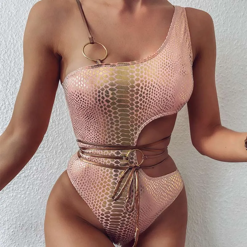 Snakeskin One Shoulder Bandage Cut Out One Piece Swimsuit