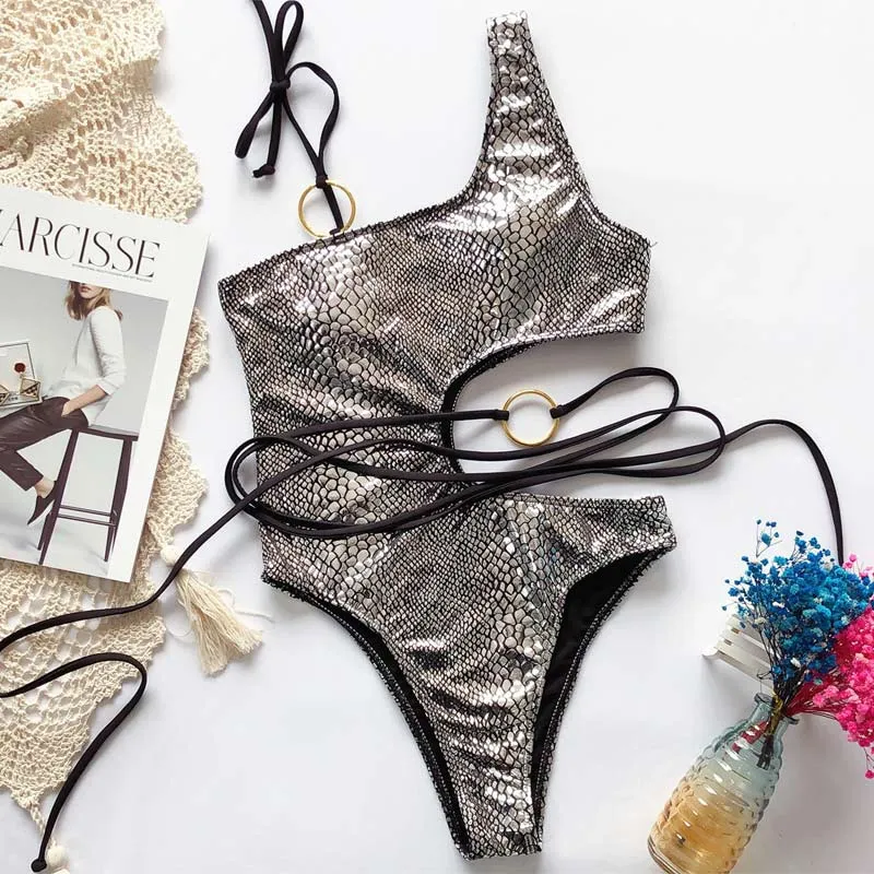 Snakeskin One Shoulder Bandage Cut Out One Piece Swimsuit