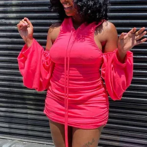 Solid Cold Shoulder Backless Hoodie Bodycon Dress
