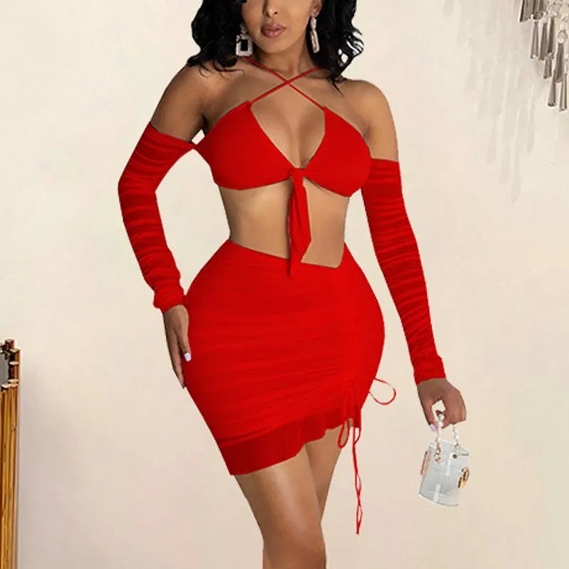 Solid Cold Shoulder Crop Top & Skirts Set