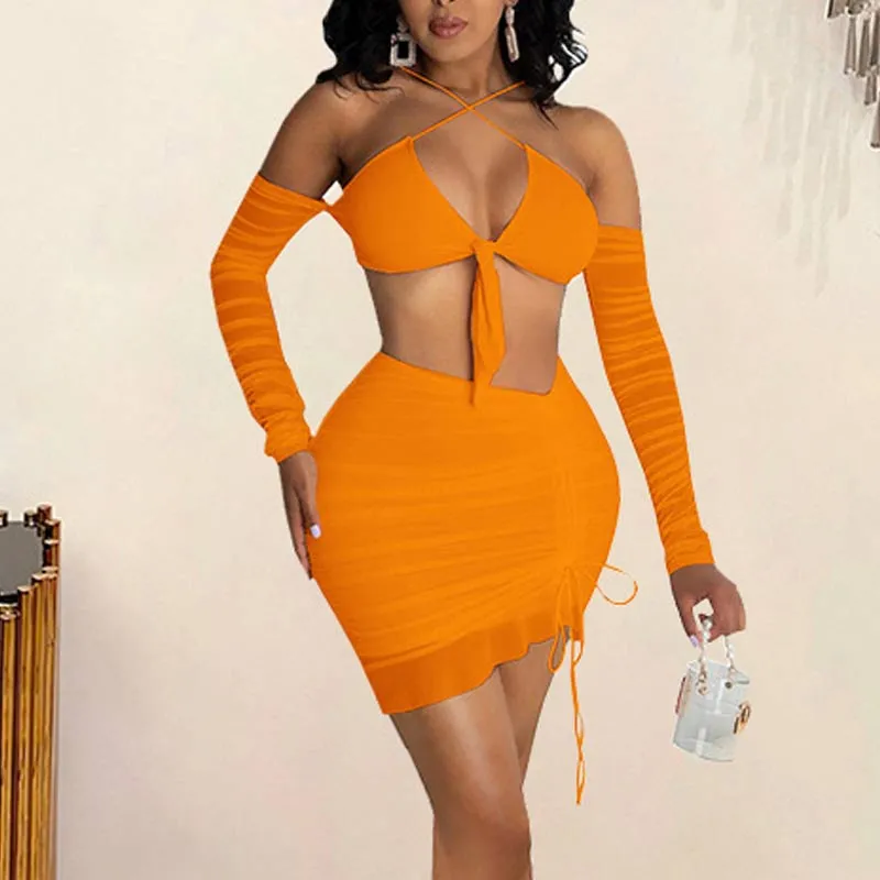 Solid Cold Shoulder Crop Top & Skirts Set