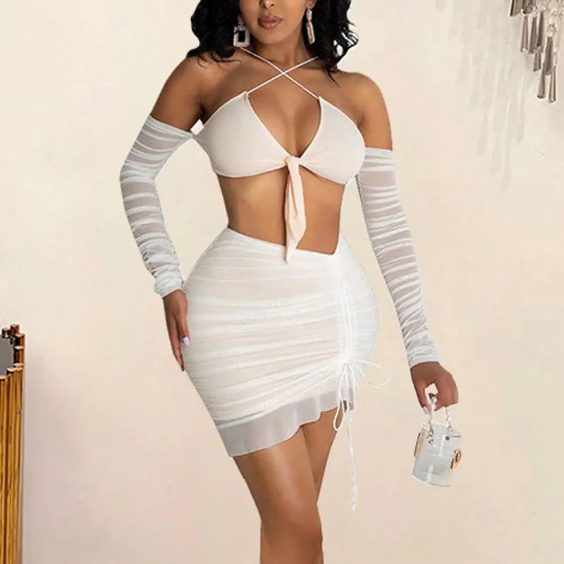 Solid Cold Shoulder Crop Top & Skirts Set