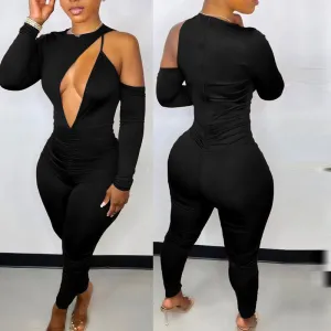 Solid Cold Shoulder Long Sleeve Cut Out Skinny Jumpsuit