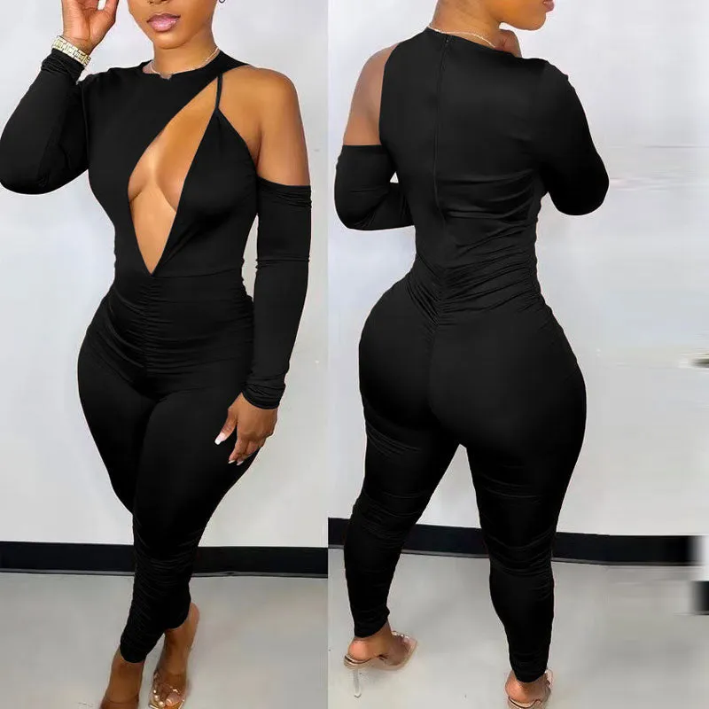 Solid Cold Shoulder Long Sleeve Cut Out Skinny Jumpsuit