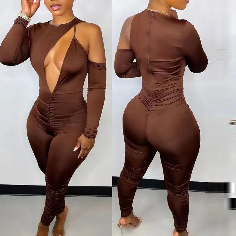 Solid Cold Shoulder Long Sleeve Cut Out Skinny Jumpsuit