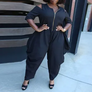 Solid Cold Shoulder Zipper Design Loose Jumpsuit