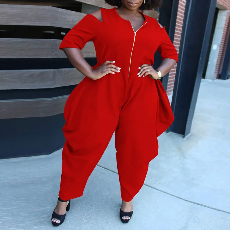 Solid Cold Shoulder Zipper Design Loose Jumpsuit