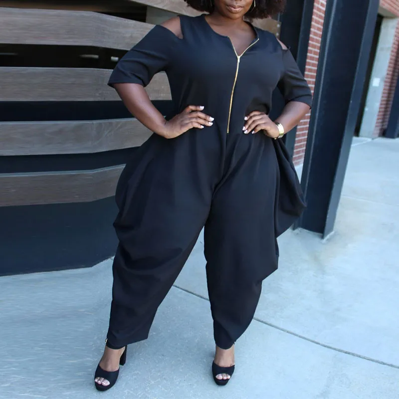 Solid Cold Shoulder Zipper Design Loose Jumpsuit